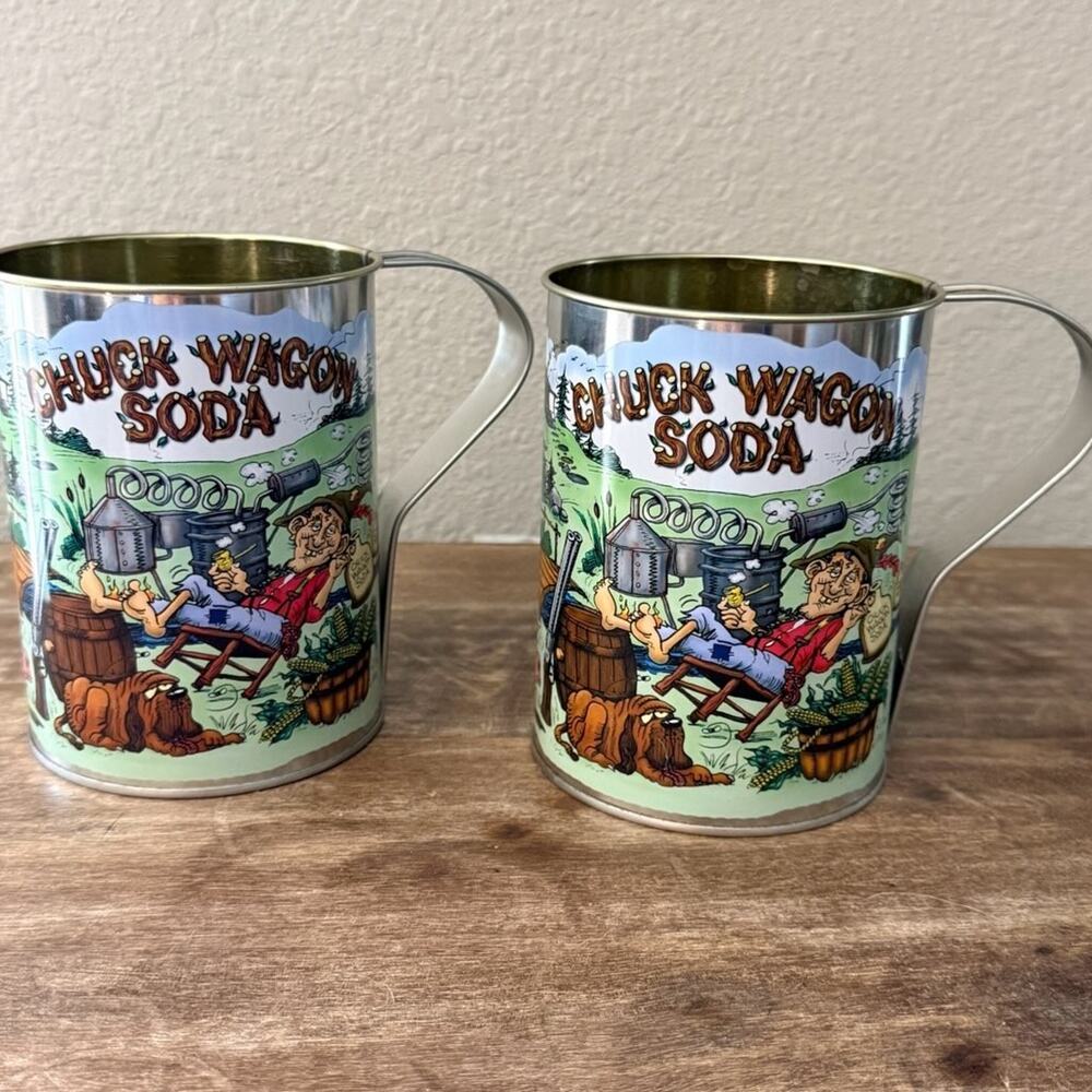 Lot of 2 Vintage Chuck Wagon Soda 32 Oz Tin Mugs Hillbilly R. Muccio Graphics